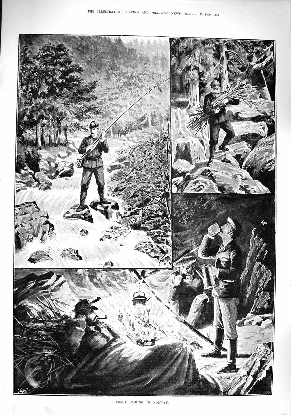 Old Antique Print 1890 Trout Fishing Norway Angling River Fishermen Fish 19th