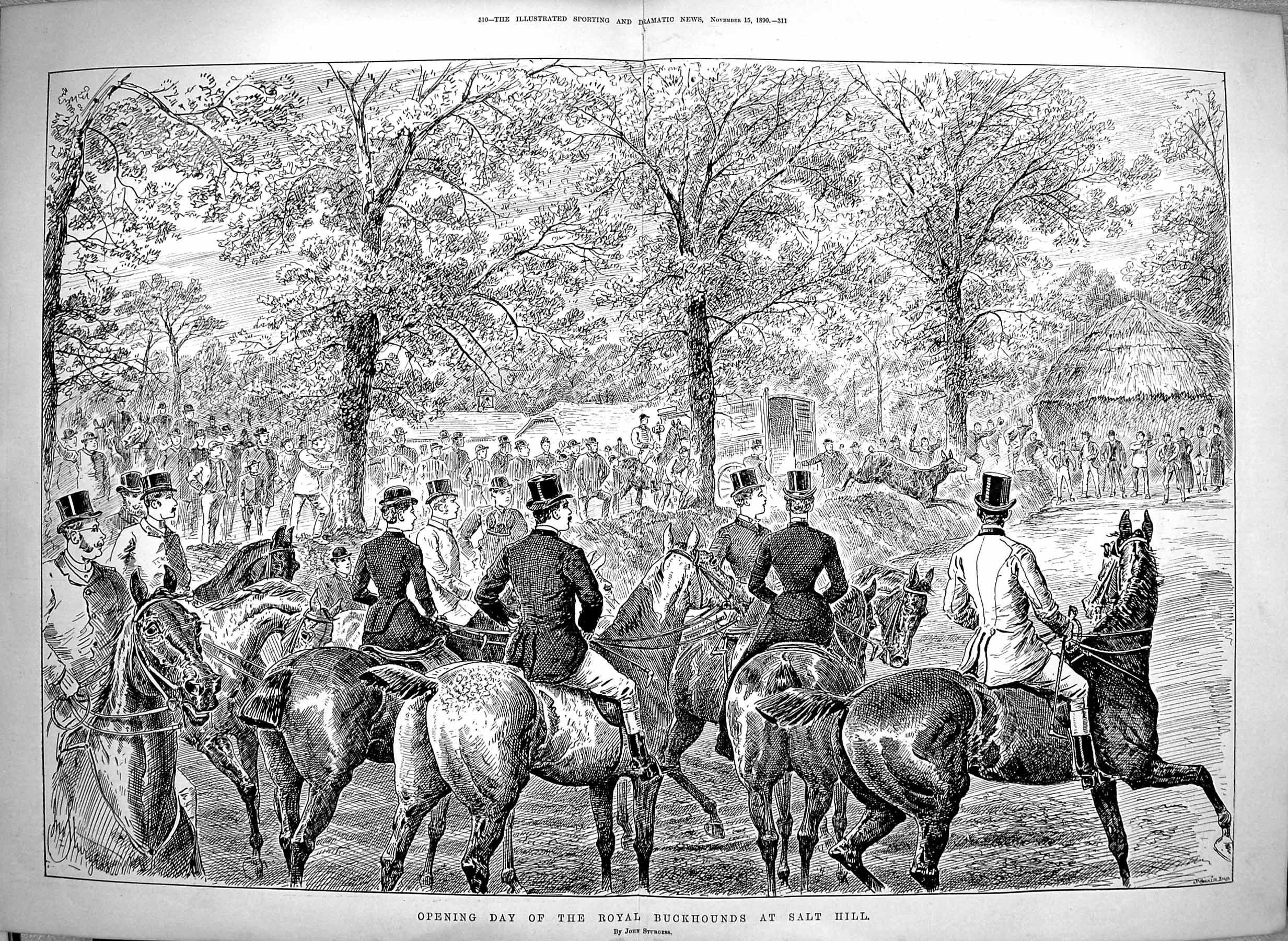 Original Old Antique Print 1890 Opening Day Royal Buckhounds Salt Hill Hunting