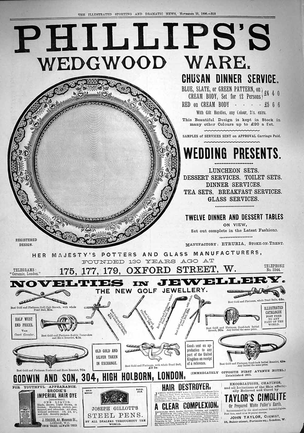 Old Antique Print 1890 Phillips'S Wedgwood Dinner Service Jewellery Dye 19th
