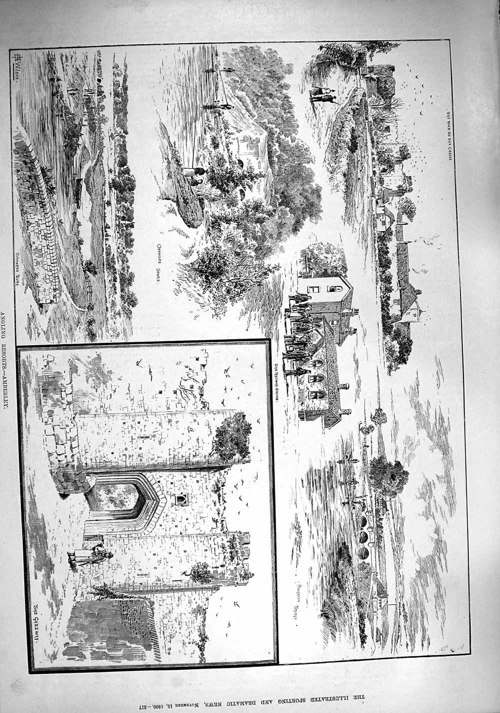 Original Old Antique Print 1890 Angling Amberley Fishing Railway Station River