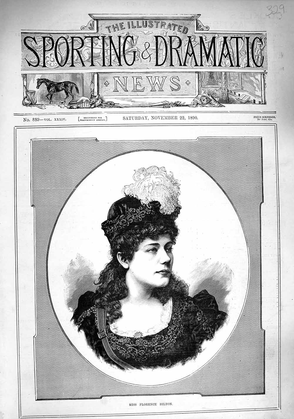 Original Old Antique Print 1890 Portrait Miss Florence Bilton Lady Woman 19th