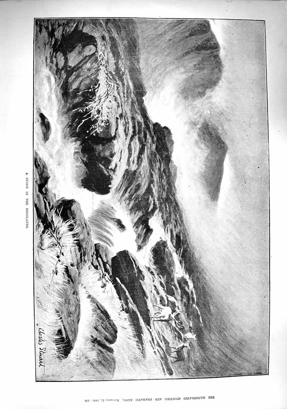 Original Old Antique Print 1890 Storm Highlands Scotland Stags Deer Mountains