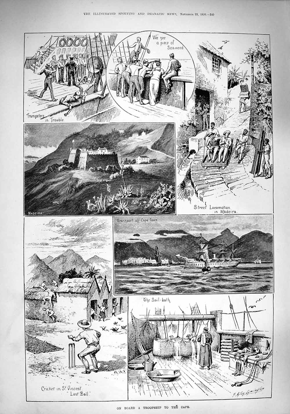Original Old Antique Print 1890 Scene Troop Ship Cape Town Madeira Cricket 19th