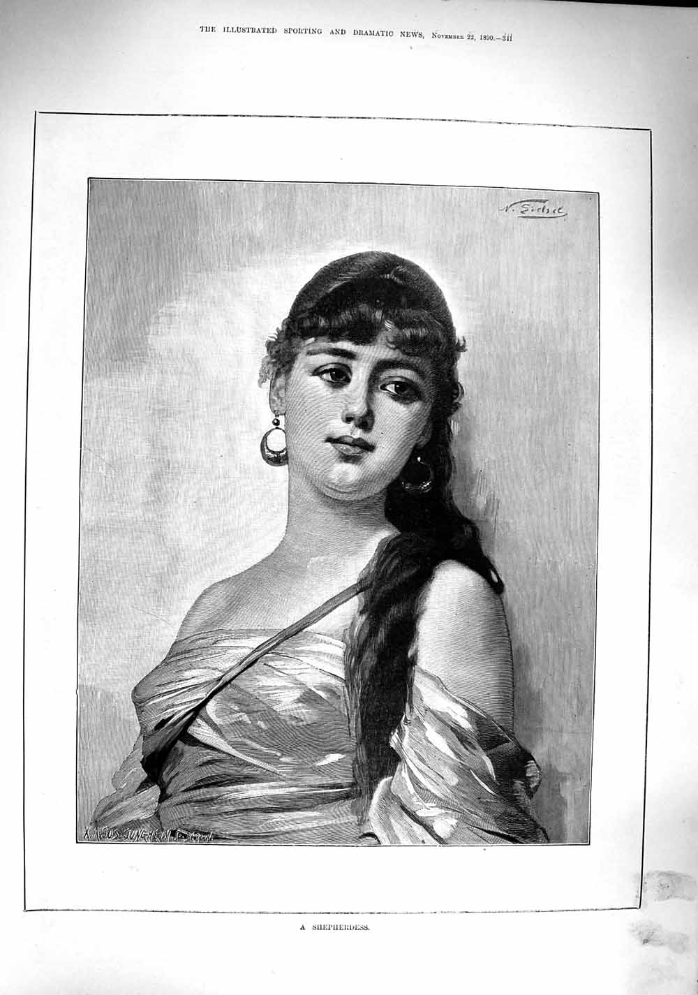 Original Old Antique Print 1890 Portrait Beautiful Girl Shepherdess Victorian