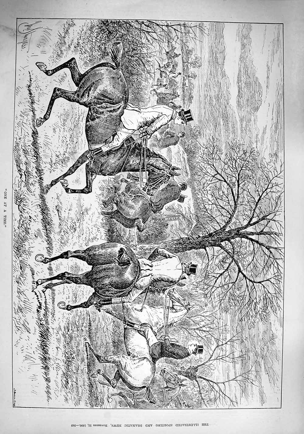 Original Old Antique Print 1890 Hunting Coutryside Horses Sport Huntsmen 19th