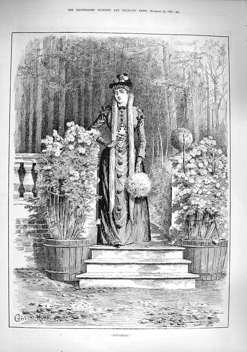 Old Antique Print 1890 November Scene Beautiful Lady Flowers Garden Scene 19th