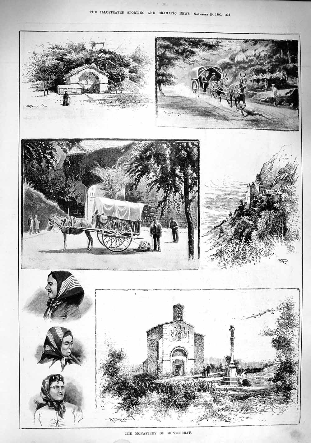Original Old Antique Print 1890 Monastery Monserrat Ladies Headwear Horse Cart