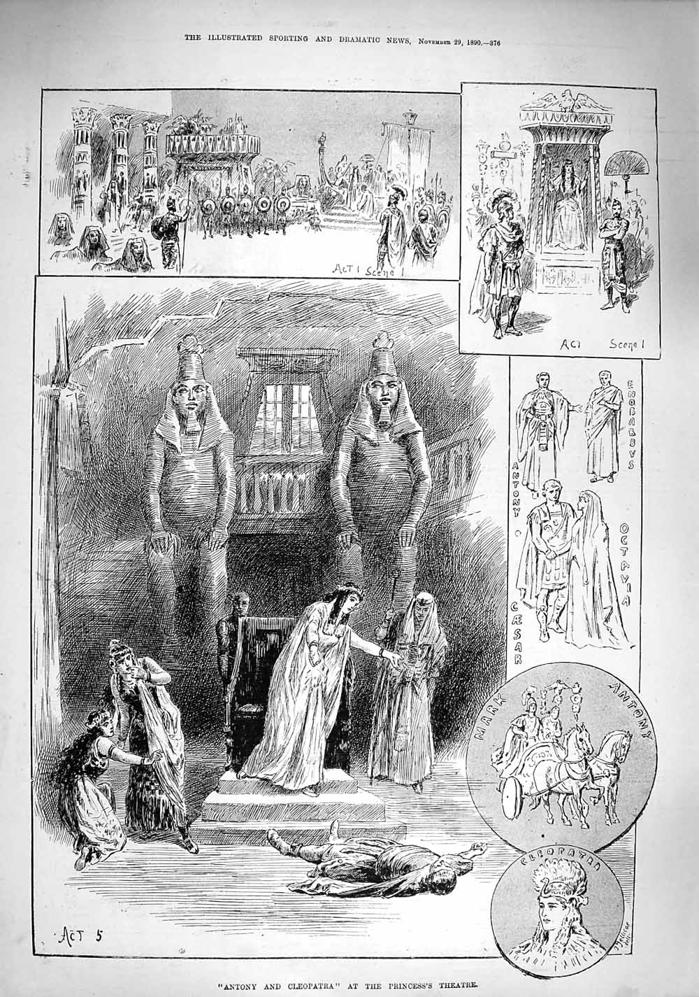 Old Antique Print 1890 Antony Cleopatra Princess Theatre Caesar Octavia 19th