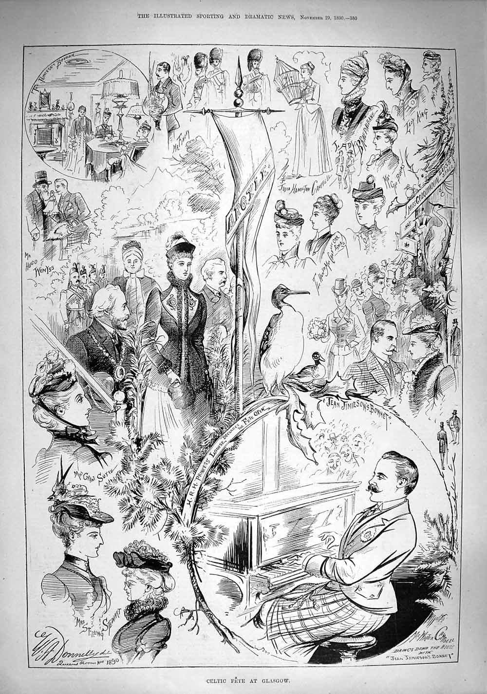 Old Antique Print 1890 Celtic Fete Glasgow Music Campbell Bonnet Stewart 19th