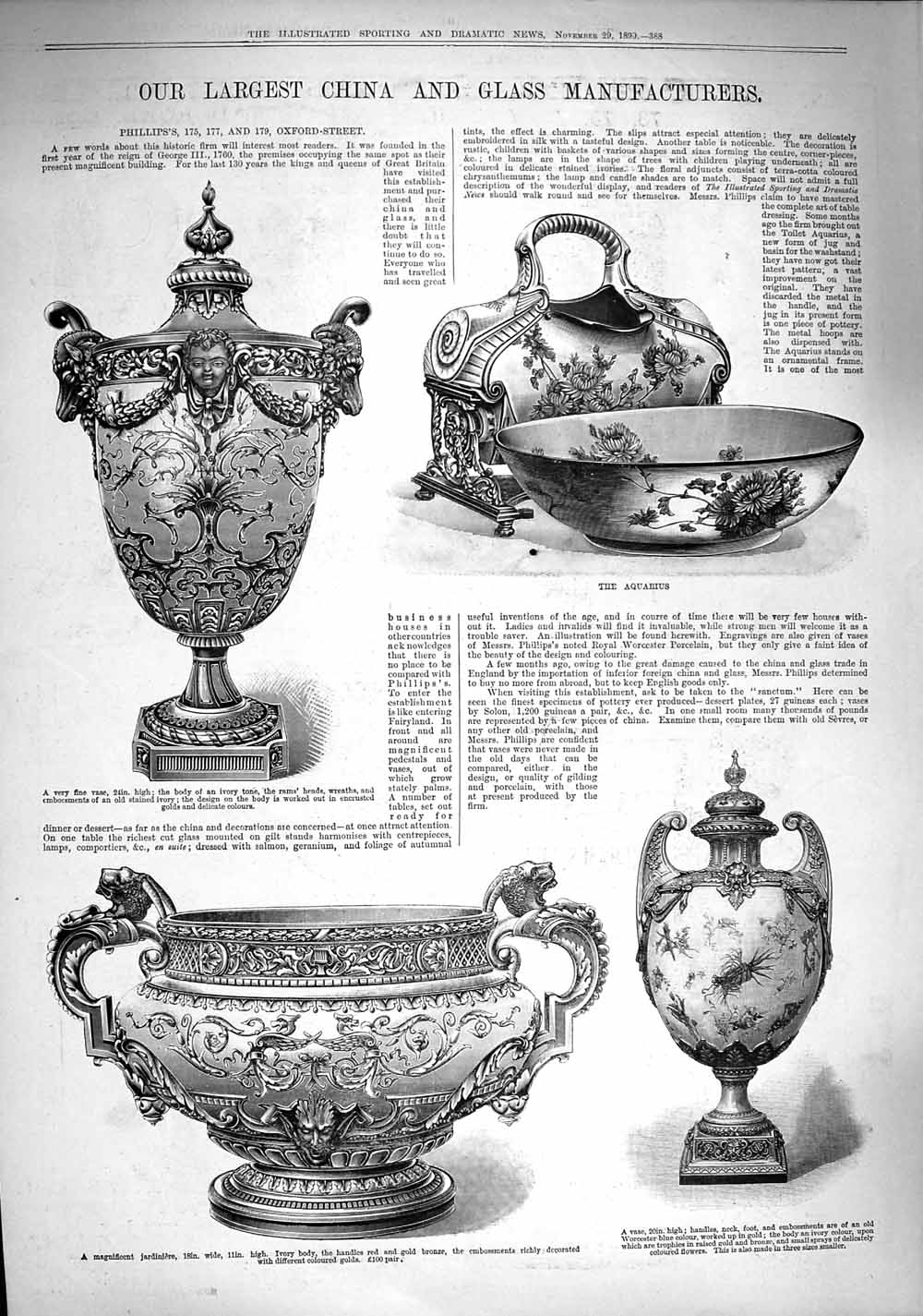 Original Old Antique Print 1890 China Glass Manufacturers Aquarius Phillips