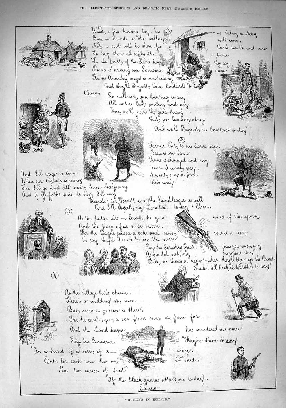 Original Old Antique Print 1890 Hunting Ireland Sport Shooting Story Victorian