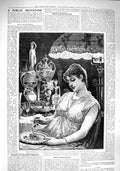 Original Old Antique Print 1890 Crystal Glass Silver Beautiful Lady Fruit Plate