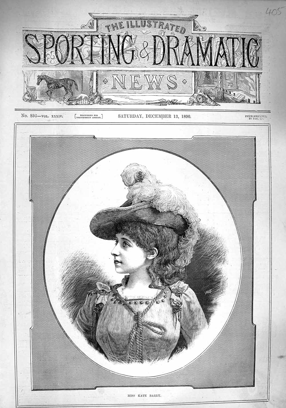 Original Old Antique Print 1890 Portrait Miss Kate Barry Beautiful Lady 19th