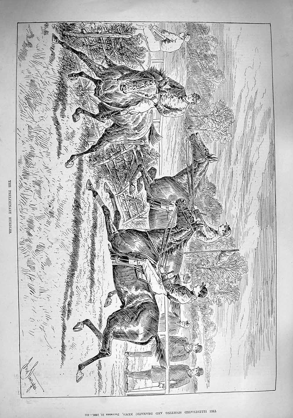 Original Old Antique Print 1890 Preliminary Hurdles Horses Jumping Sport 19th