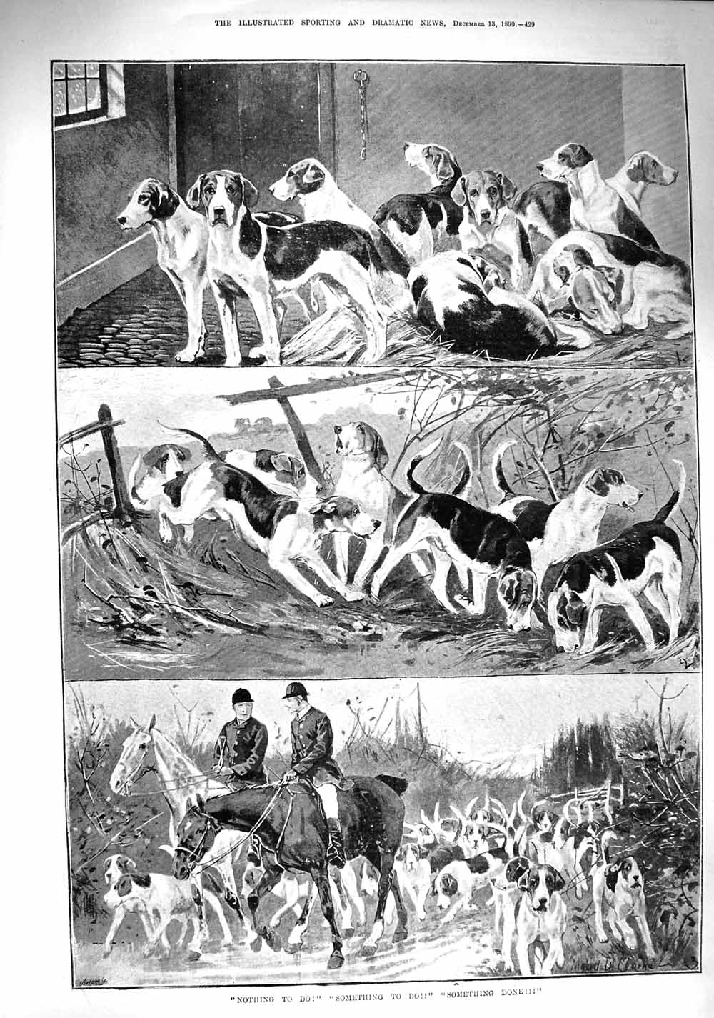 Original Old Antique Print 1890 Hunting Horses Hounds Dogs Huntsmen Sport 19th
