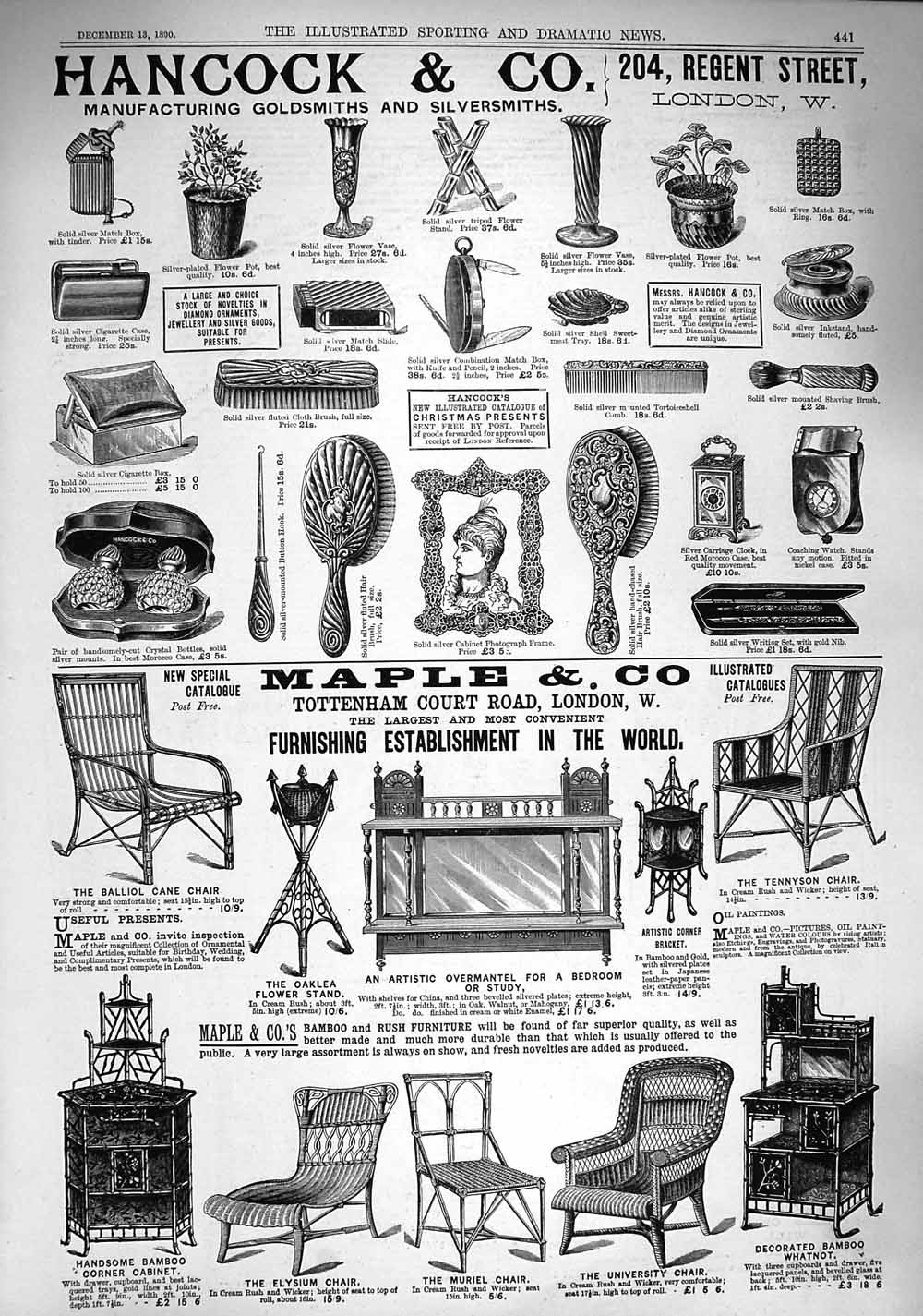 Original Old Antique Print 1890 Hancock Gsmith Silversmith Maple Furniture 19th