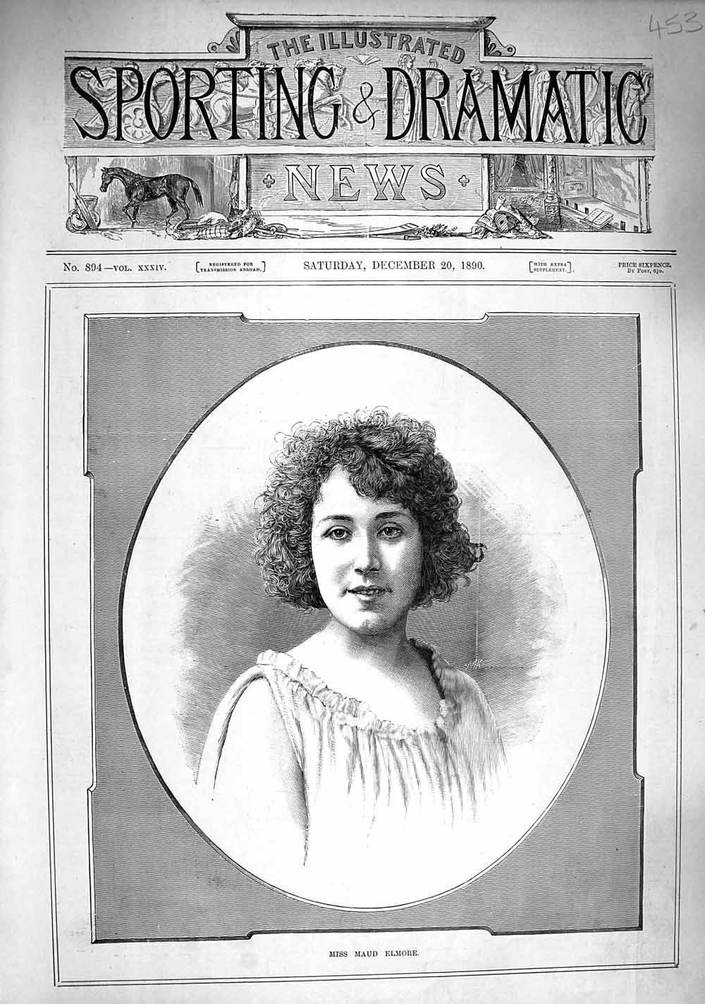 Original Old Antique Print 1890 Portrait Miss Maud Elmore Lady Woman Victorian