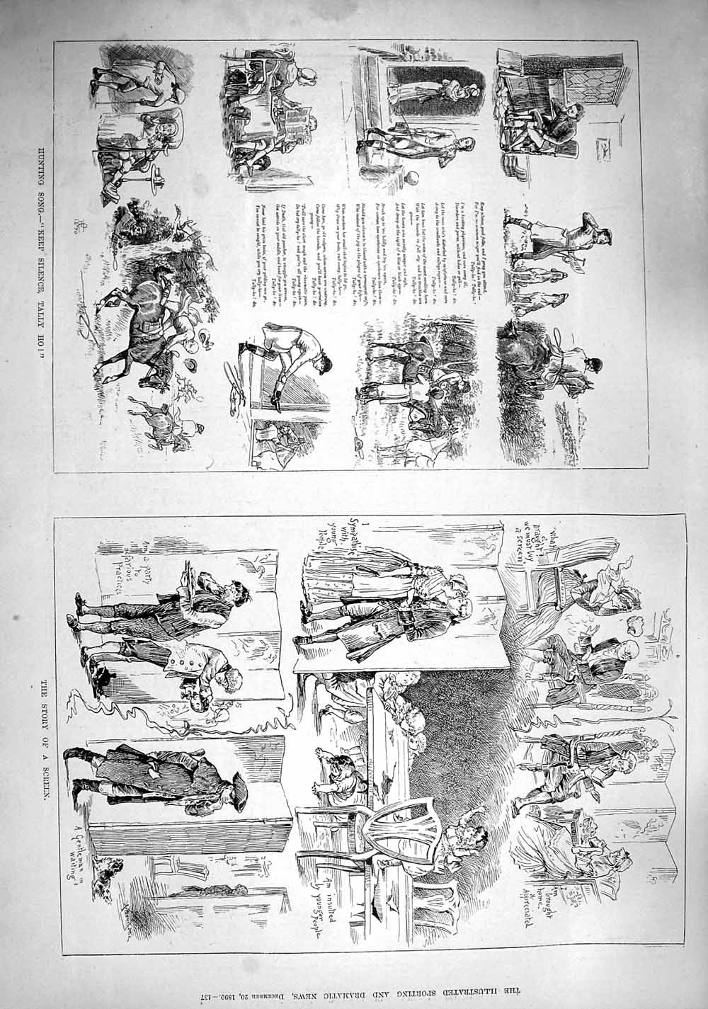 Old Antique Print 1890 Hunting Song Lyrics Keep Silence Tally Ho Screen 19th