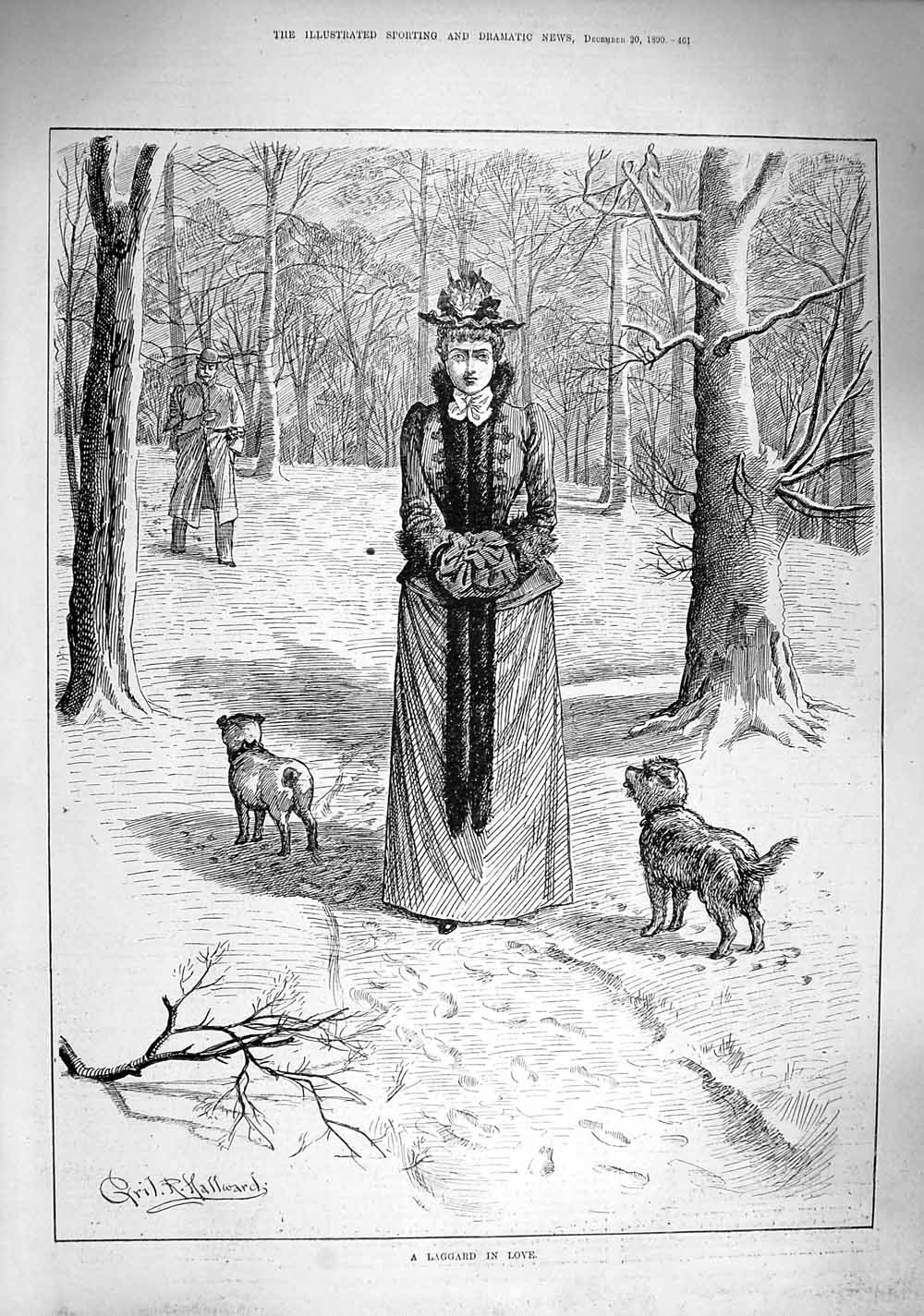 Old Antique Print 1890 Laggard Love Woman Winter Coat Fur Pet Dogs Trees 19th
