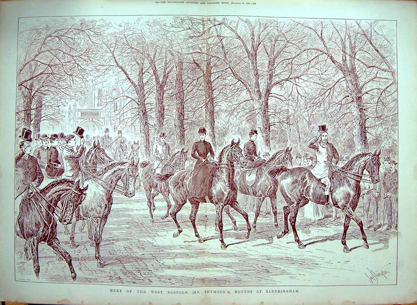 Old Antique Print 1890 West Norfolk Seymour Hounds Sandringham Hunting 19th