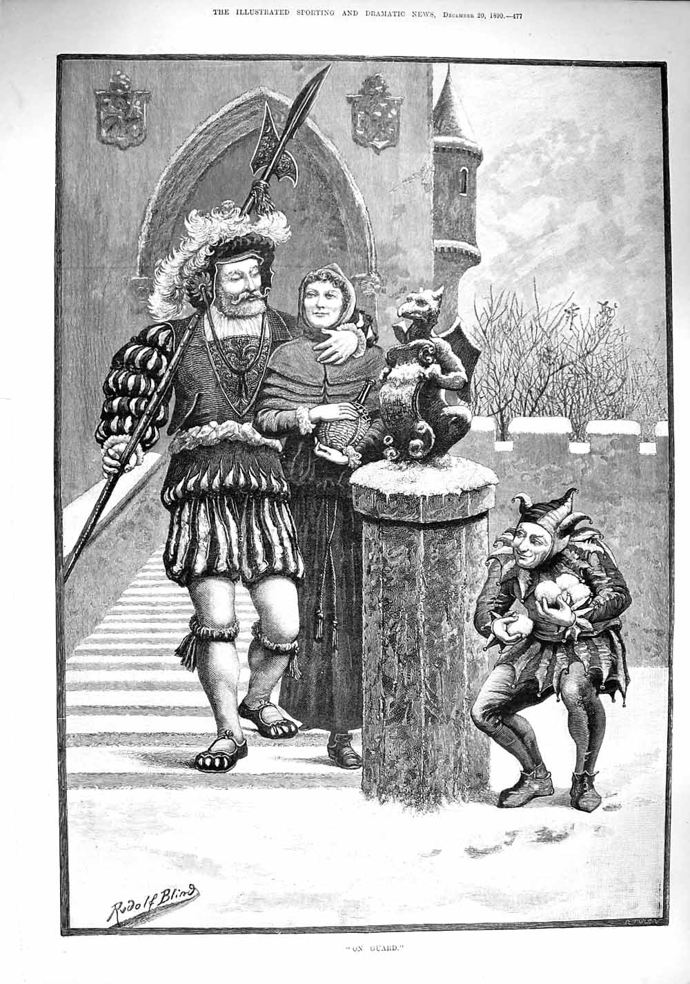 Original Old Antique Print 1890 On Guard Guardsman Lady Romance Castle Fine Art