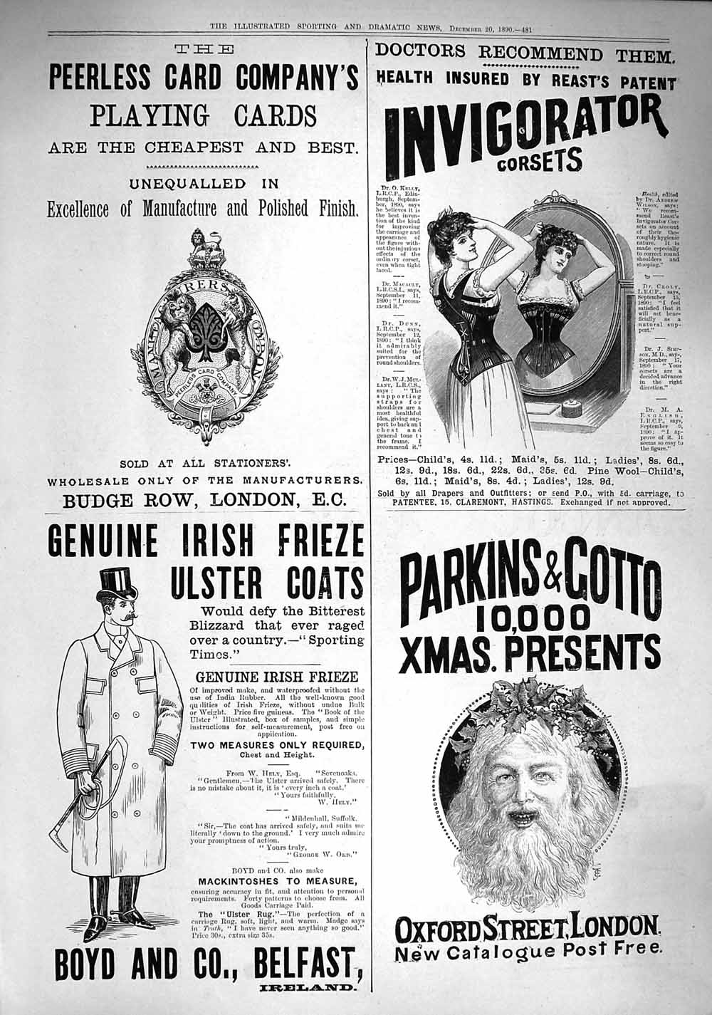 Old Antique Print 1890 Parkins Gotto Playing Cards Ulster Coats Corsets 19th