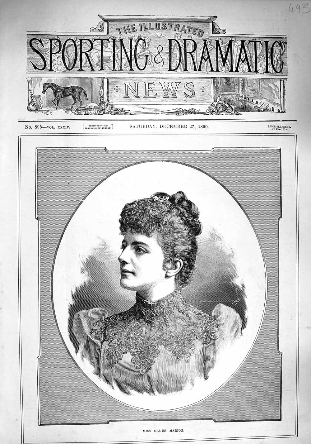 Original Old Antique Print 1890 Portrait Miss Maude Marion Beautiful Lady 19th