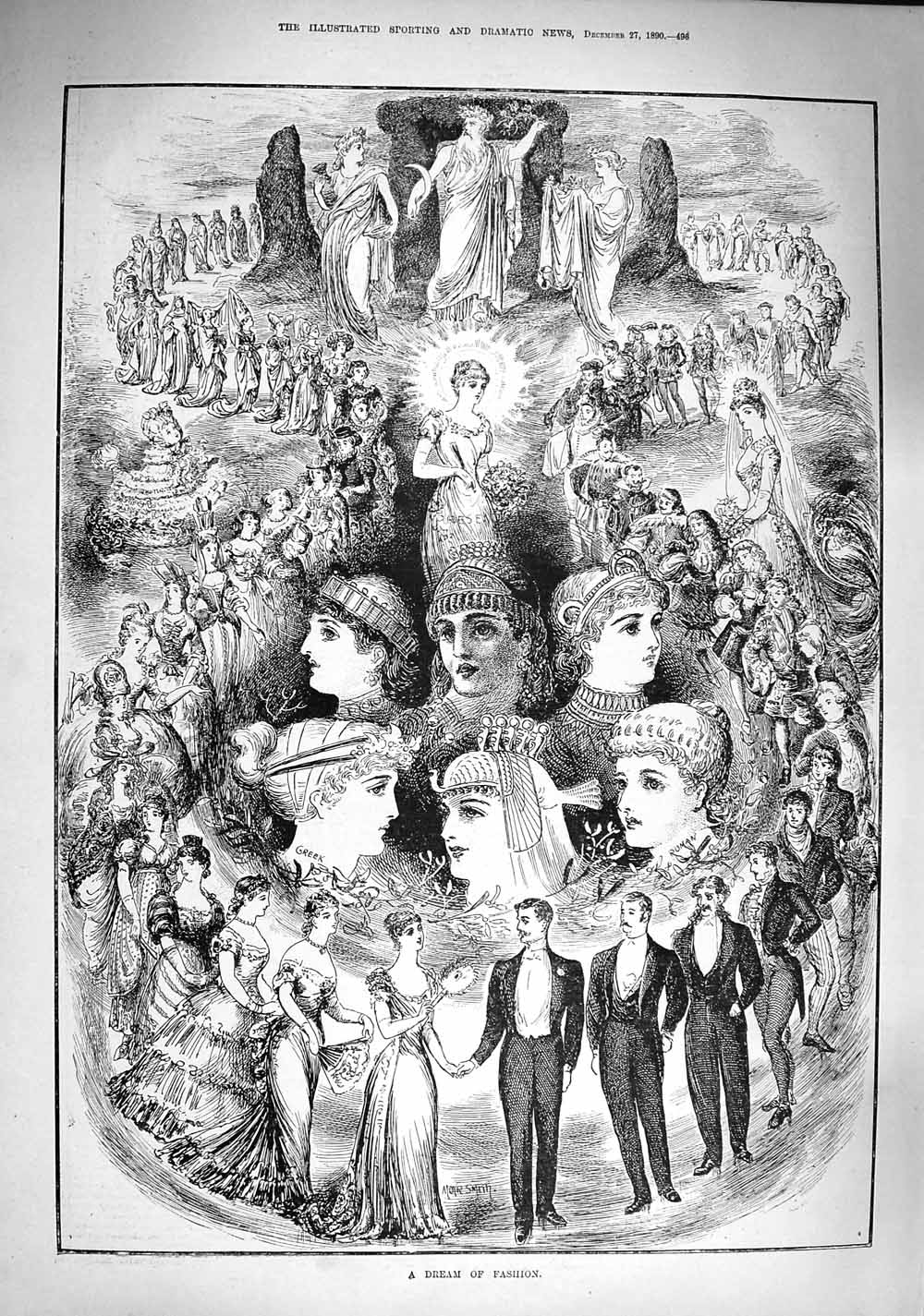 Original Old Antique Print 1890 Dream Fashion Ladies Men Dresses Suit Victorian