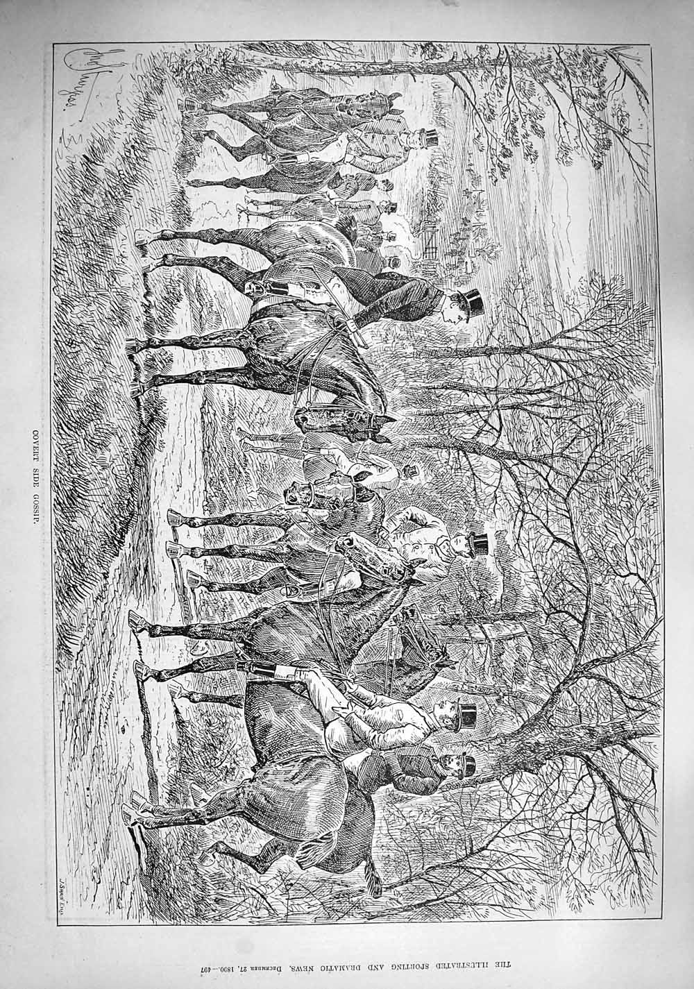 Old Antique Print 1890 Hunting Horses Sport Huntsmen Covert Side Gossip 19th