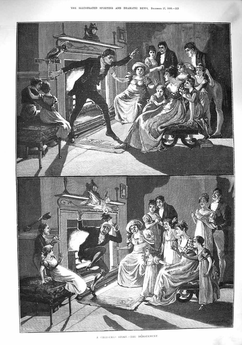 Original Old Antique Print 1890 Christmas Story Denouement Bird Chimney House
