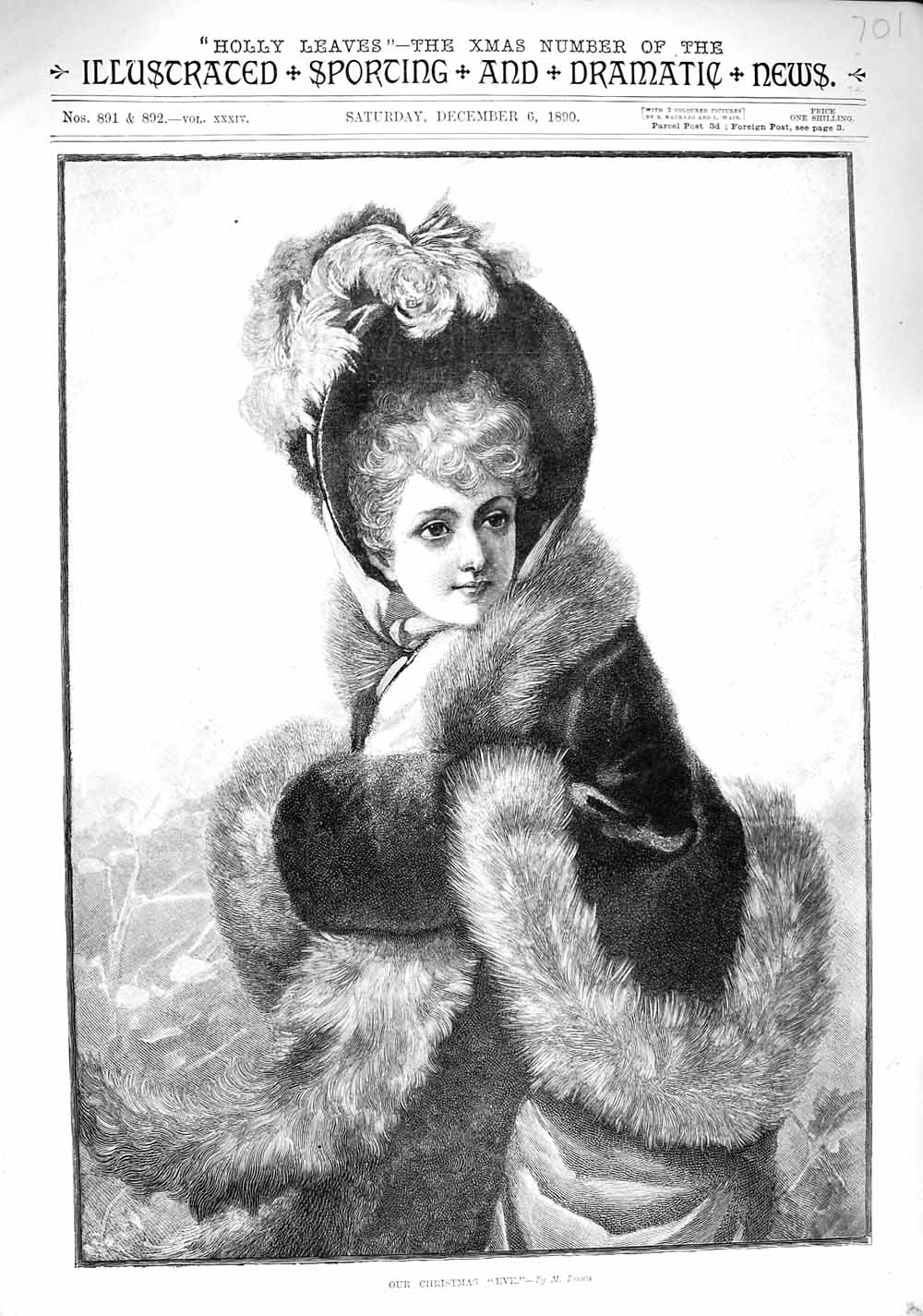 Original Old Antique Print 1890 Beautiful Lady Fur Cloak Christmas Fine Art