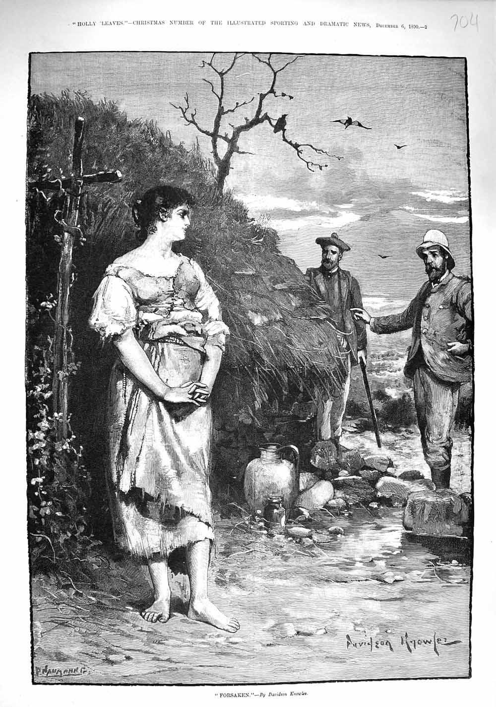 Original Old Antique Print 1890 Forsaken Poor Girl Rich Men House Fine Art 19th