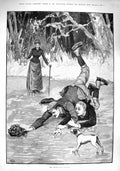 Original Old Antique Print 1890 Rivals Romance Men Ice Skating Ladies Hat Dog