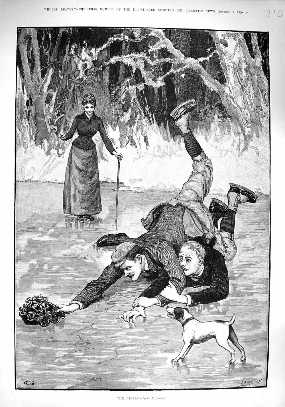 Original Old Antique Print 1890 Rivals Romance Men Ice Skating Ladies Hat Dog