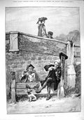 Original Old Antique Print 1890 Begone Dull Care Man Stocks Music Violin Dog