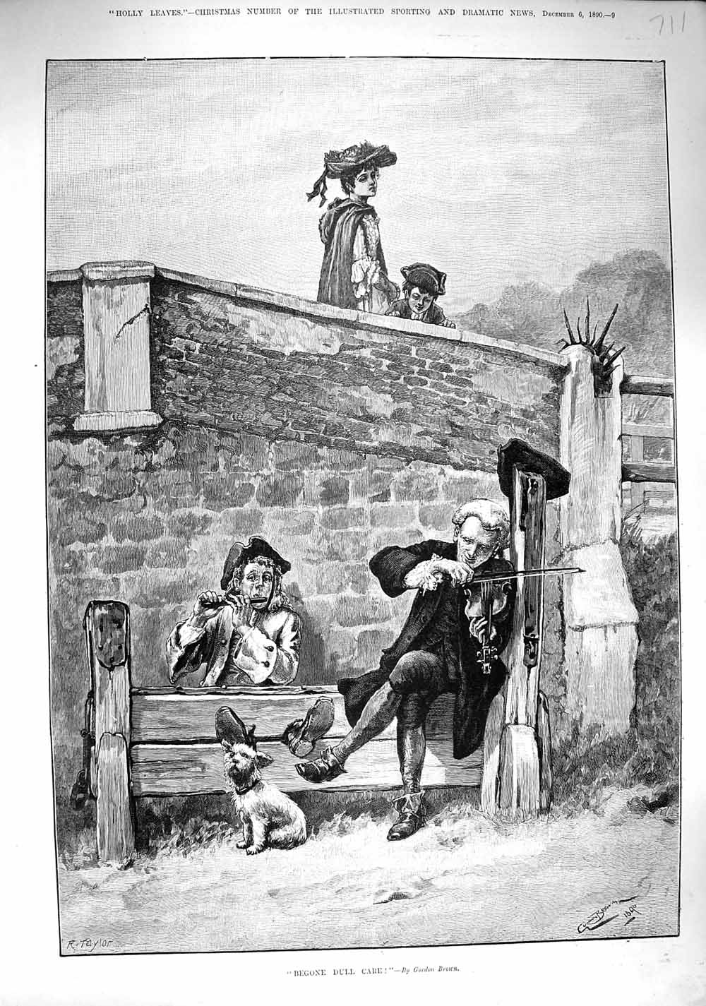 Original Old Antique Print 1890 Begone Dull Care Man Stocks Music Violin Dog