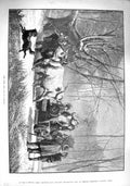 Original Old Antique Print 1890 Yule Log Christmas Jester Bullock Cart Dog 19th