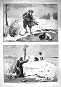 Original Old Antique Print 1890 Good Bad Dog Man Hat Fallen Through Ice Lake