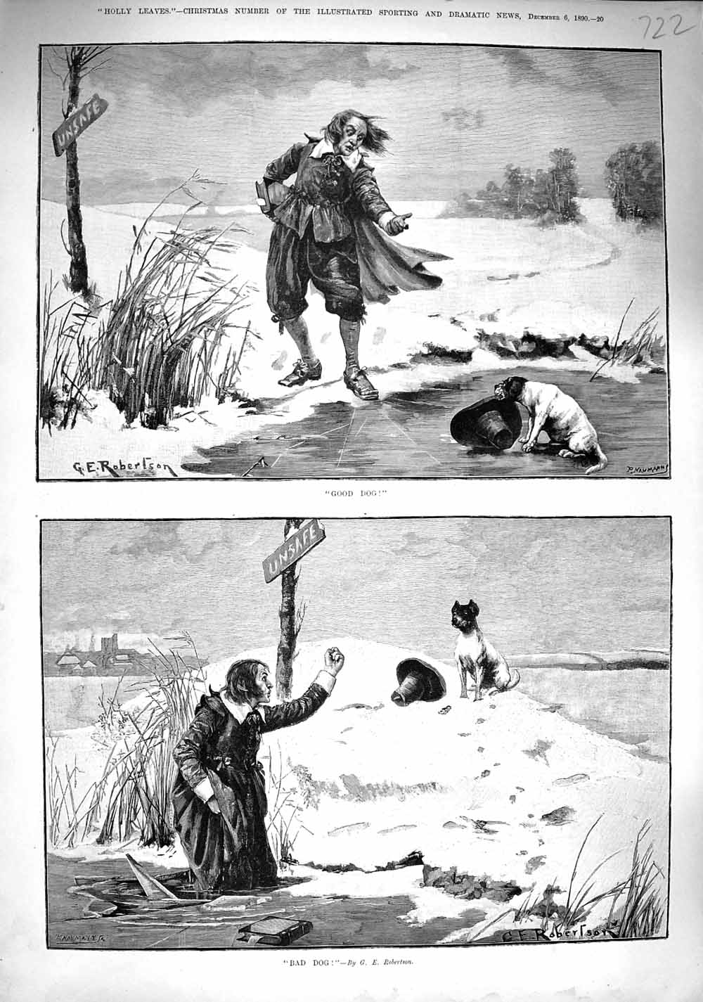 Original Old Antique Print 1890 Good Bad Dog Man Hat Fallen Through Ice Lake