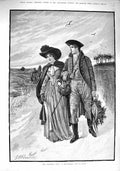 Original Old Antique Print 1890 Christmas Visit Man Lady Dead Pheasant Bird