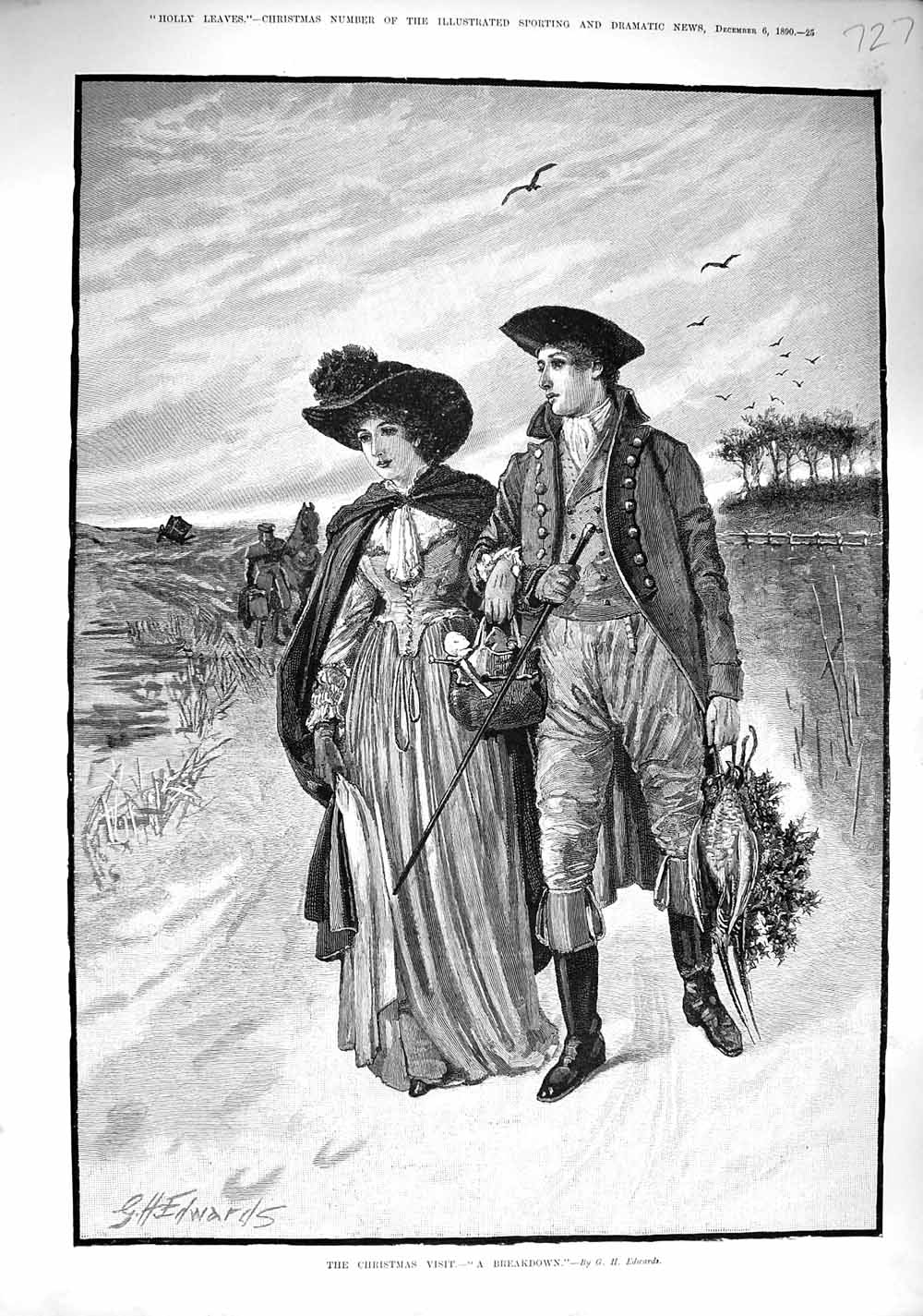 Original Old Antique Print 1890 Christmas Visit Man Lady Dead Pheasant Bird