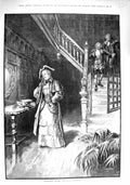 Original Old Antique Print 1890 Borrowed Plumes House Stairs Lady Men Fine Art