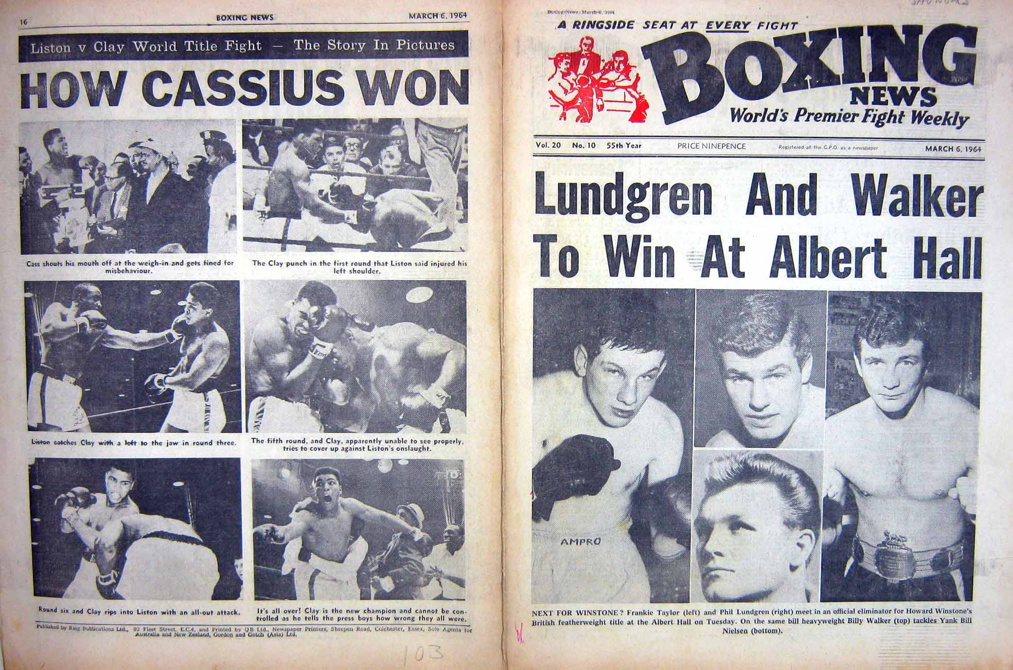 Antique Old Print Boxing Taylor Lundgren Walker Nielson 1964 Cassius Clay 20th