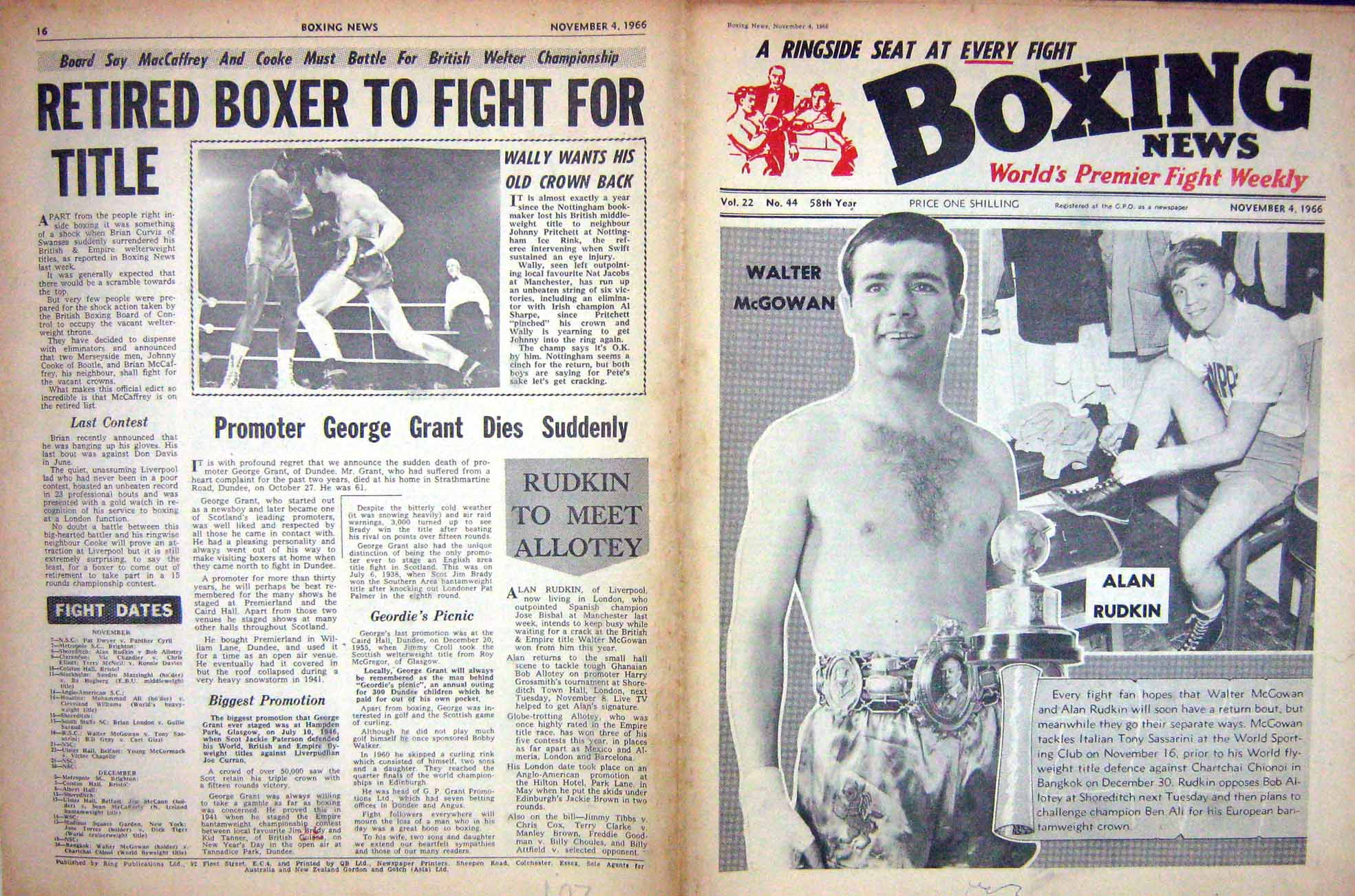 Old Vintage Print Boxing 1966 Alan Rudkin Wally Jacobs Louis Schmeling 20th