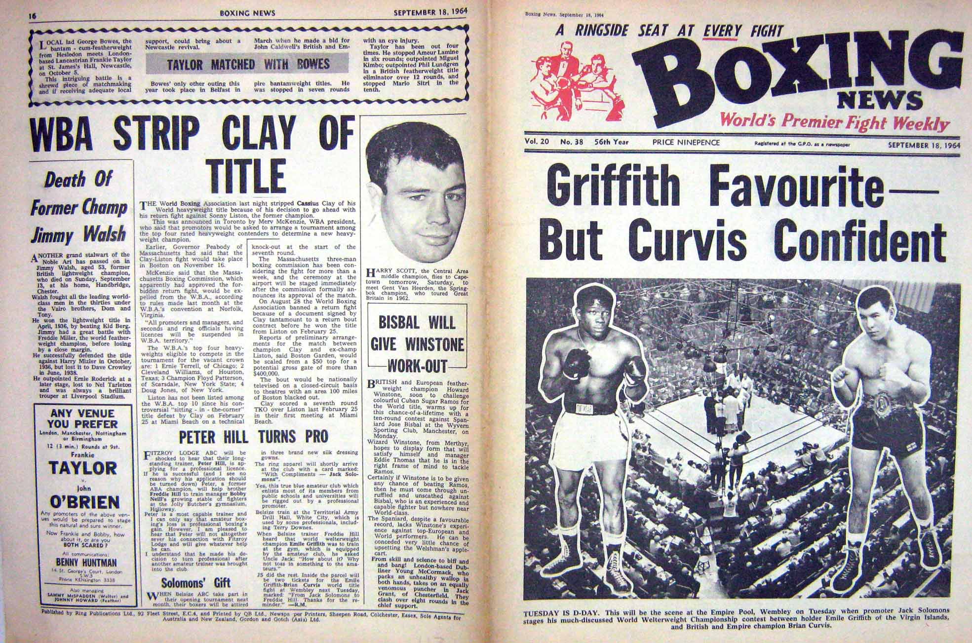 Original Old Vintage Print Boxing 1964 Griffith Brian Curvis Harry Scott Cooke