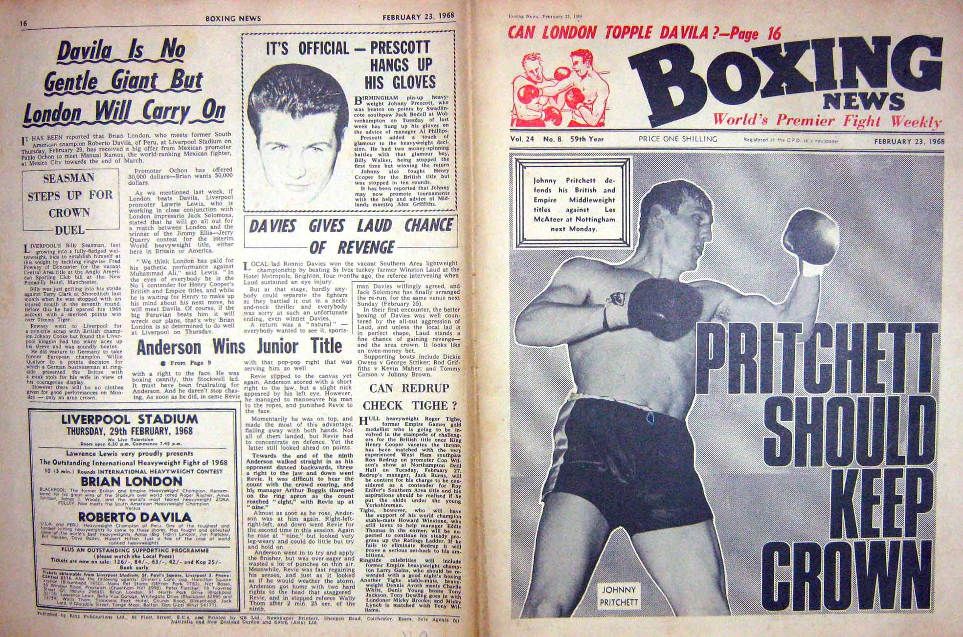 Original Old Vintage Print Boxing 1968 Pritchett Prescott Anderson Cooke Revie
