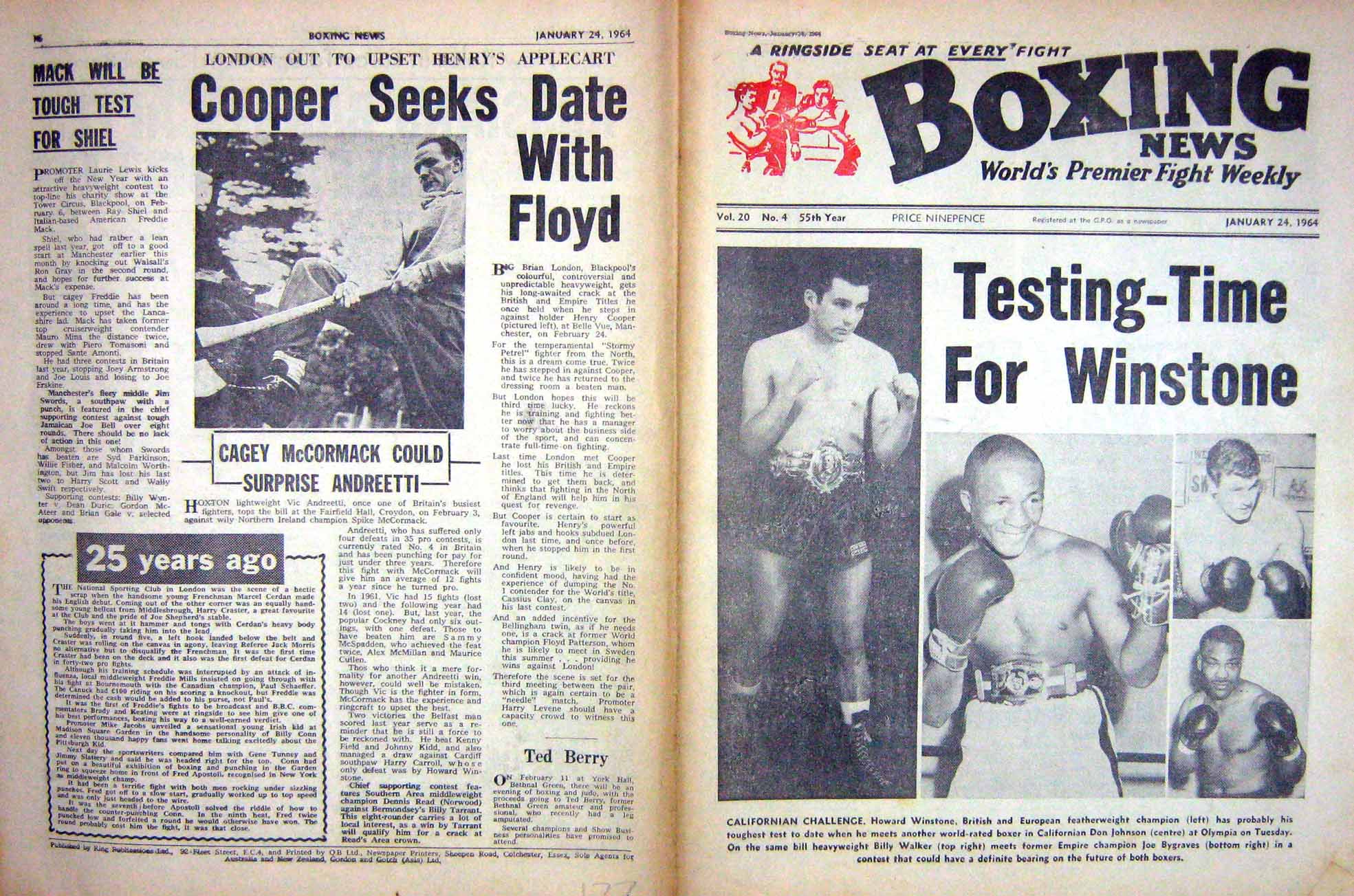 Old Vintage Print Boxing 1964 Winstone Johnson Walker Mccormack O'Brien 20th