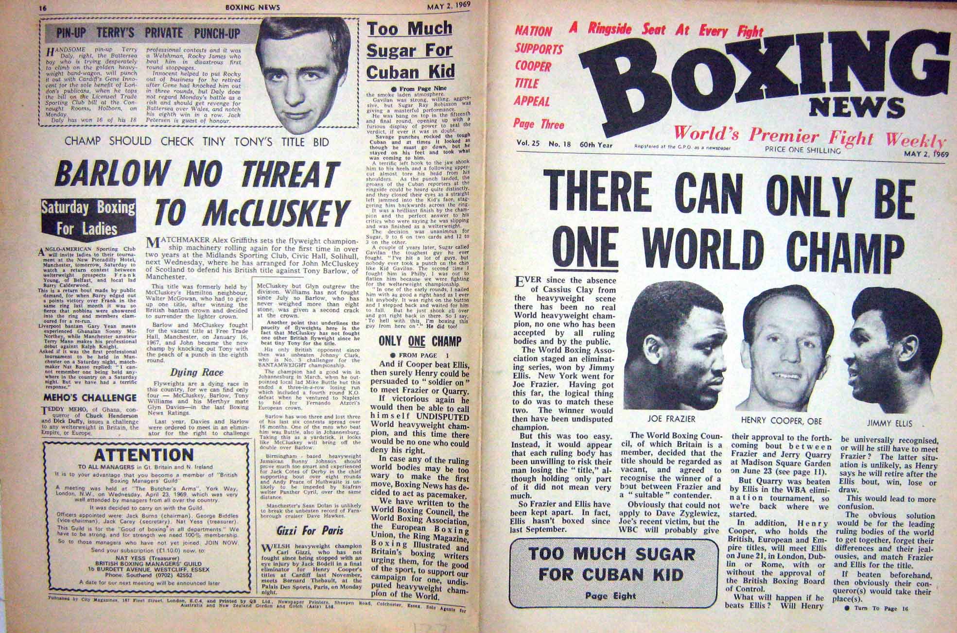 Old Vintage Print Boxing 1969 Ellis Cooper Frazier Daly Gavilan Robinson 20th