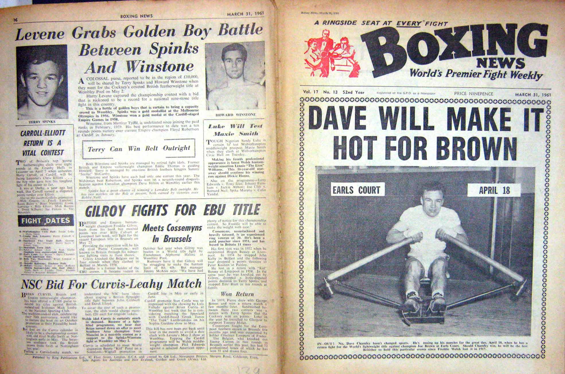Old Vintage Print Boxing 1961 Charnley Winstone Spinks Joe Brown Dupas 20th