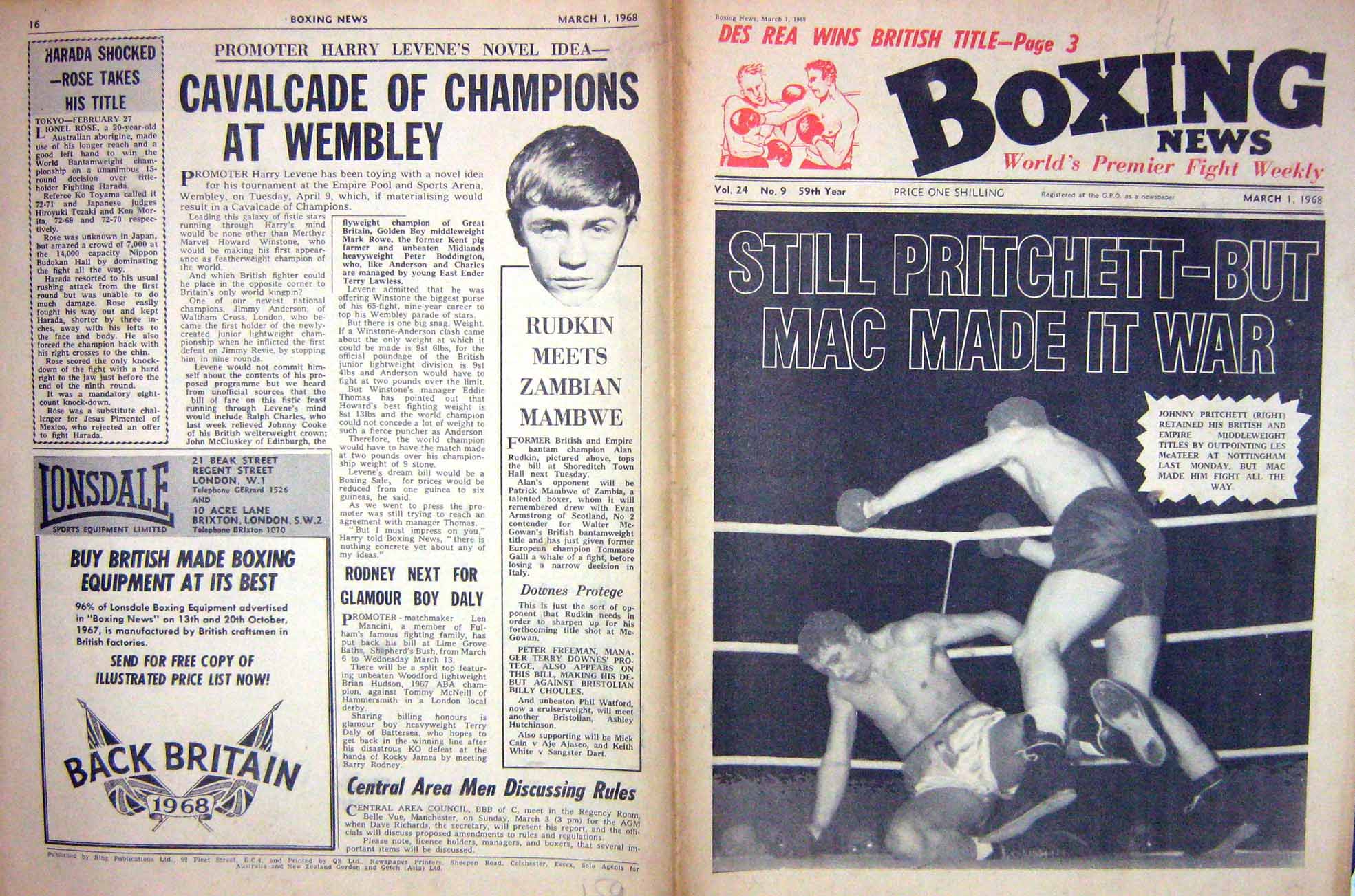 Old Vintage Print Boxing Pritchett Mcateer 1968 Rudkin Frazier Griffith 20th